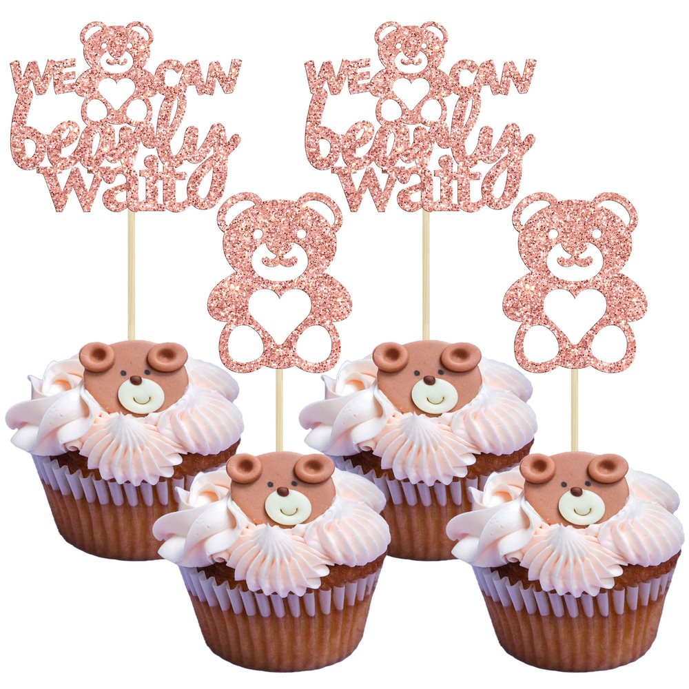 Gyufise 24Pcs We Can Bearly Wait Cupcake Toppers Rose Gold Glitter Bear Cupcake Picks Baby Shower Cake Decorations for Gender Reveal Theme Baby Shower Kids Birthday Party Supplies