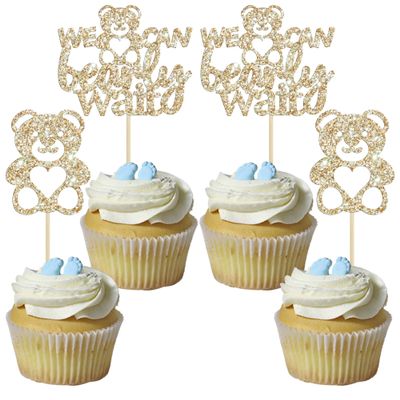 Gyufise 24Pcs We Can Bearly Wait Cupcake Toppers Champage Gold Glitter Bear Cupcake Picks Baby Shower Cake Decorations for Gender Reveal Theme Baby Shower Kids Birthday Party Supplies