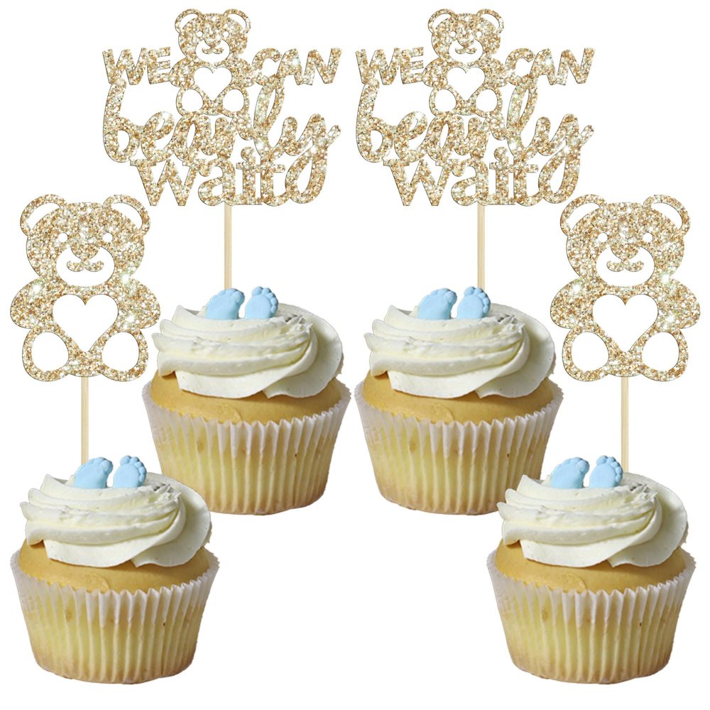 Gyufise 24Pcs We Can Bearly Wait Cupcake Toppers Champage Gold Glitter Bear Cupcake Picks Baby Shower Cake Decorations for Gender Reveal Theme Baby Shower Kids Birthday Party Supplies