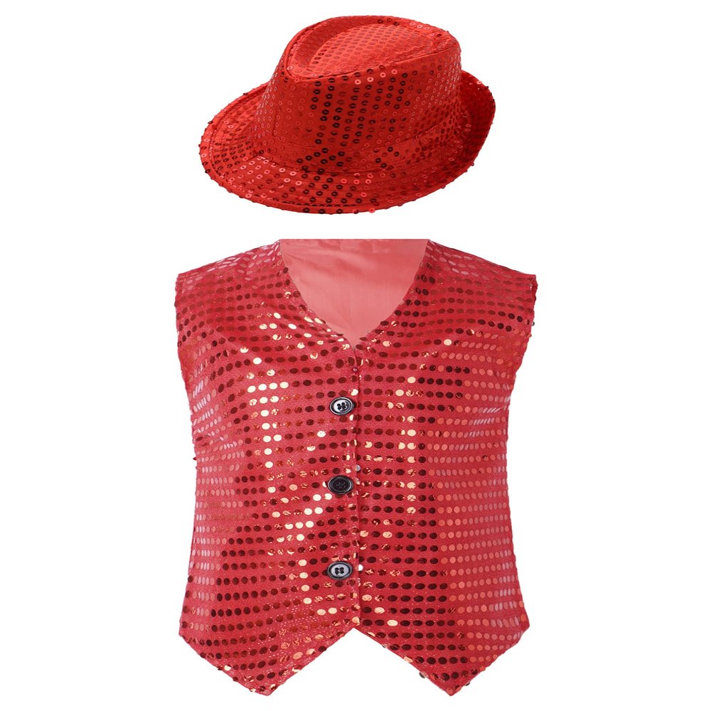 Agoky Unisex Kids Sequin Button Down Vest with Hat Set Jazz Modern Dance Performance Costume Ballroom Party Outfits Red 5-6 Years