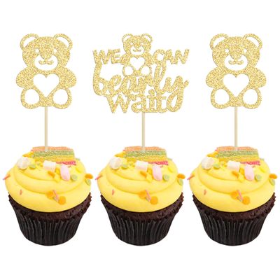 Gyufise 24Pcs We Can Bearly Wait Cupcake Toppers Gold Glitter Bear Cupcake Picks for Gender Reveal Baby Bear Theme Baby Shower Kids Birthday Party Cake Decorations Supplies