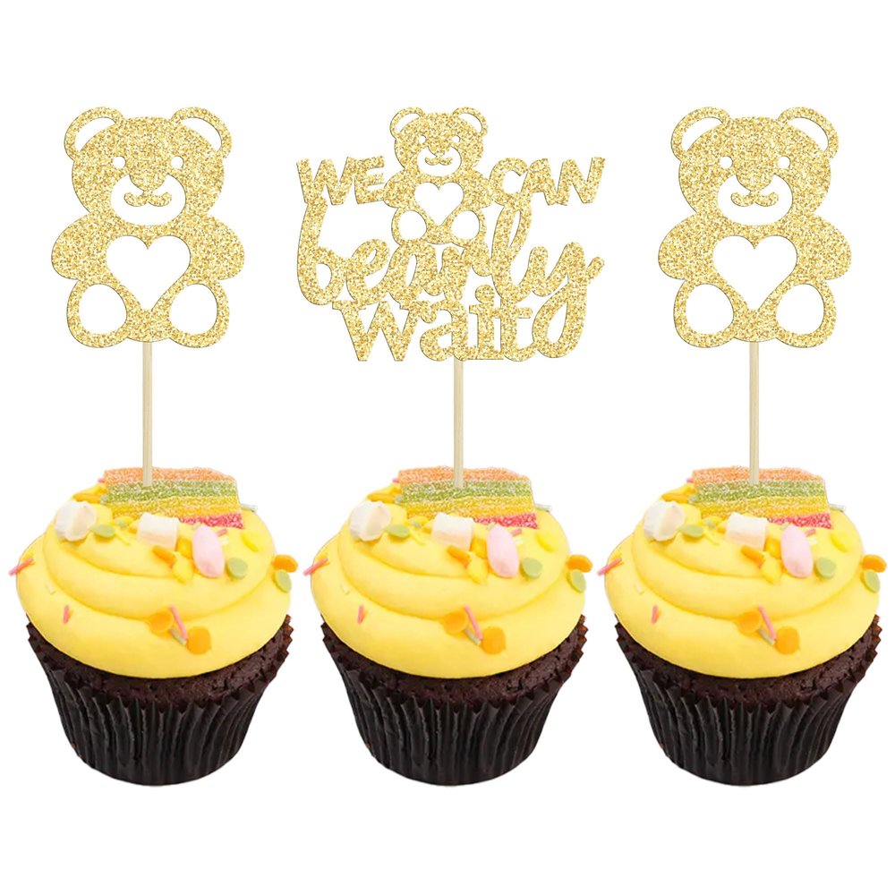 Gyufise 24Pcs We Can Bearly Wait Cupcake Toppers Gold Glitter Bear Cupcake Picks for Gender Reveal Baby Bear Theme Baby Shower Kids Birthday Party Cake Decorations Supplies