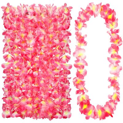 24 Counts Hawaiian Leis Necklace Tropical Flower Lei Floral Luau Party Decorations Hawaiian Flower Luau Necklaces Hula Dance Garland Headbands for Beach Birthday Wedding Party(Pink)