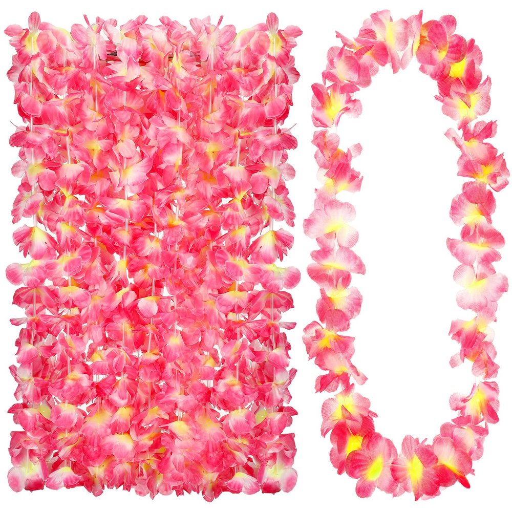 24 Counts Hawaiian Leis Necklace Tropical Flower Lei Floral Luau Party Decorations Hawaiian Flower Luau Necklaces Hula Dance Garland Headbands for Beach Birthday Wedding Party(Pink)