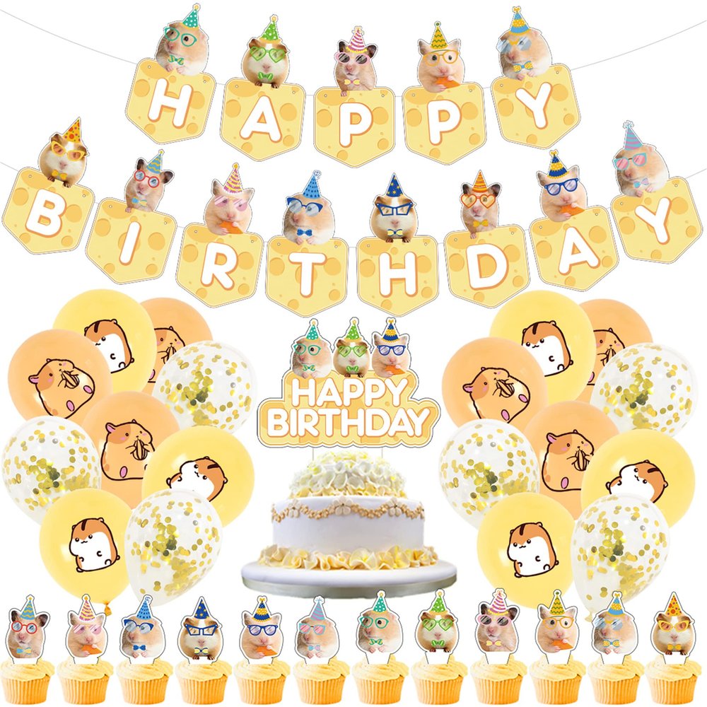 32Pcs Hamster Birthday Party Supplies and Decorations Guinea Pig Happy Birthday Banner,Latex Balloon, Cupcake Toppers, Set animal Party Supplies for Kids Family