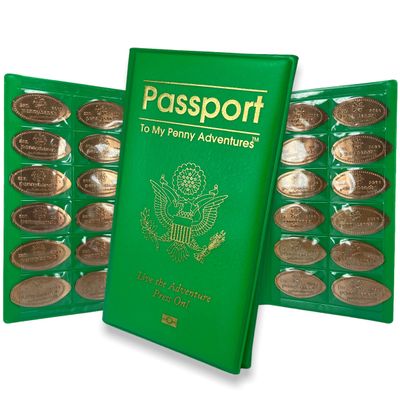 Pennybandz Penny Passport to Adventures - Pressed Coin Collecting Book - Holds 48 Coins - Vegan Leather - Comes with Mystery Penny Gift (Emerald Green)