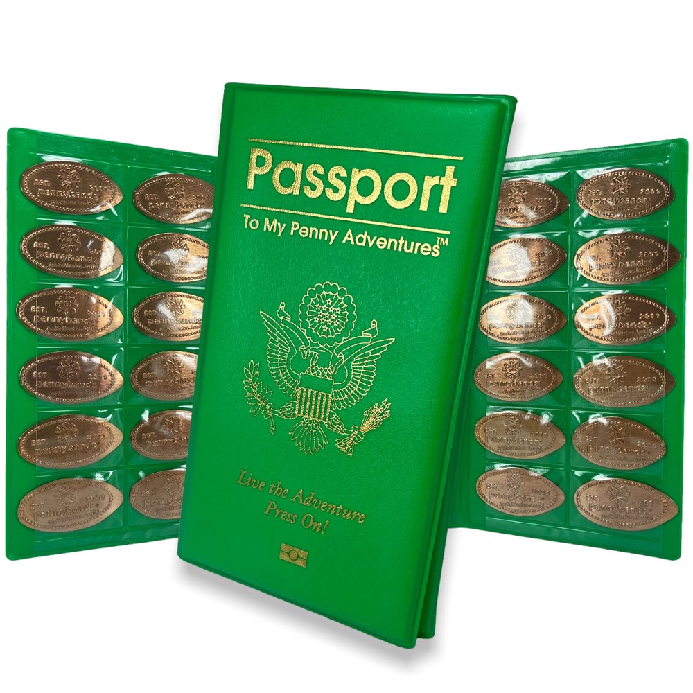 Pennybandz Penny Passport to Adventures - Pressed Coin Collecting Book - Holds 48 Coins - Vegan Leather - Comes with Mystery Penny Gift (Emerald Green)