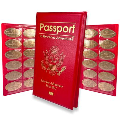 Pennybandz Penny Passport to My Penny Adventures - Pressed Penny Souvenir Collecting Book - Holds 48 Coins - Vegan Leather - Every Book Ordered Comes with a Mystery Penny as a Gift (Phoenix Red)