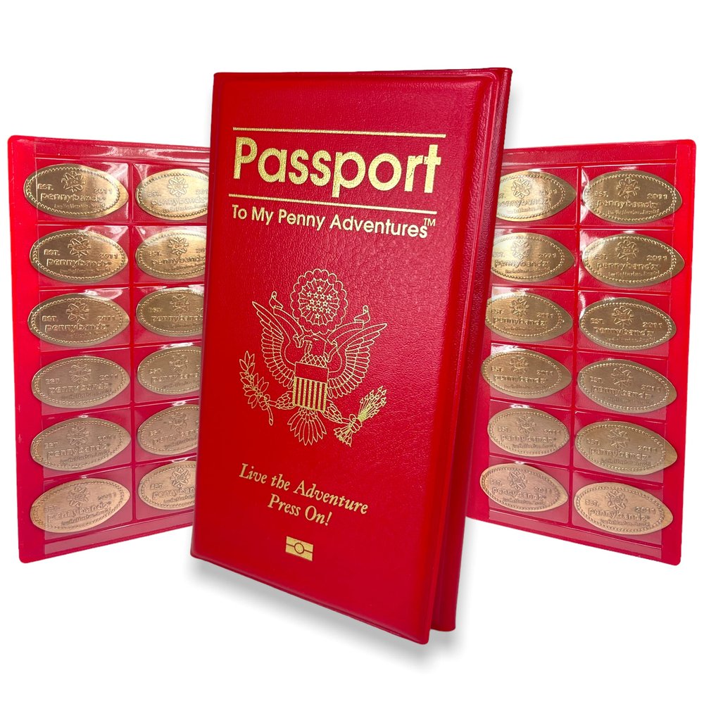 Pennybandz Penny Passport to My Penny Adventures - Pressed Penny Souvenir Collecting Book - Holds 48 Coins - Vegan Leather - Every Book Ordered Comes with a Mystery Penny as a Gift (Phoenix Red)