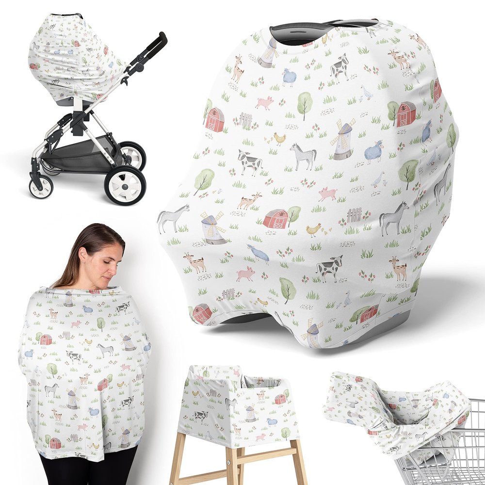 Sweet Jojo Designs Farm Animals Boy Girl Infant Baby Car Seat Cover Nursing Breastfeeding Shopping Cart Stroller Canopy Grey Red Black and White Gender Netural Watercolor Farmhouse Green Barn Horse