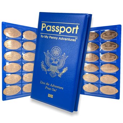 Pennybandz Passport to Penny Adventures - Pressed Coin Collecting Book - Holds 48 Coins - Vegan Leather - Mystery Penny Gift (Royal Blue)