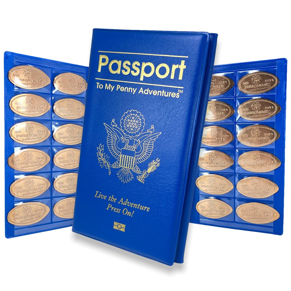 Pennybandz Passport to Penny Adventures - Pressed Coin Collecting Book - Holds 48 Coins - Vegan Leather - Mystery Penny Gift (Royal Blue)