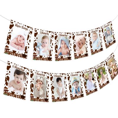 1st Birthday Photo Banner Cowboy Photo Banner - Cow Birthday Banner Decorations Cow Newborn to 12 Month Photo Banner for Baby Girl Boy 1st Farm Theme Birthday Party