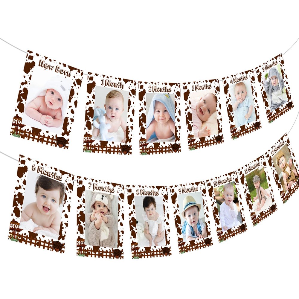 1st Birthday Photo Banner Cowboy Photo Banner - Cow Birthday Banner Decorations Cow Newborn to 12 Month Photo Banner for Baby Girl Boy 1st Farm Theme Birthday Party