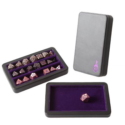 Forged Dice Co. Premium 3-Row Dice Case - Combination Dice Box and Dice Tray - Protects Polyhedral Dice Sets - Felt-Lined Storage Rows - Magnetic Lid Closure - Perfect Metal Dice Storage Box - Purple