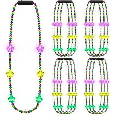 Karenhi 12 Pcs LED Mardi Gras Beads Necklace Bulk Green Purple and Yellow Carnival Colorful Light up Bead Necklaces for Mardi Gras Accessories Party Favors