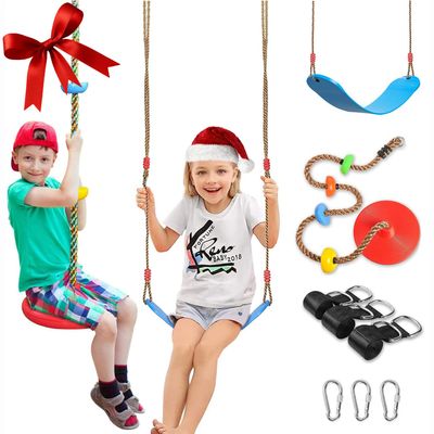 2 Pack Swing Seats with Tree Climbing Rope, Multicolor Swings with Platforms - Outdoor Toys for Kids&Adults- Playground Backyard Swingset Accessories with 5Ft Strap and Snap Hook (Red&Blue Upgrade)