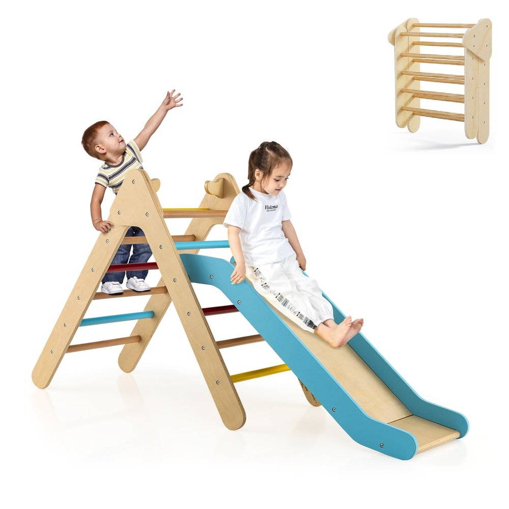 OLAKIDS Pikler Triangle Set 2 in 1 Climbing Toys for Toddlers Foldable Wood Montessori Baby Jungle Gym with Ladder Ramp Slide Kids Indoor Playground Activity Play Structure