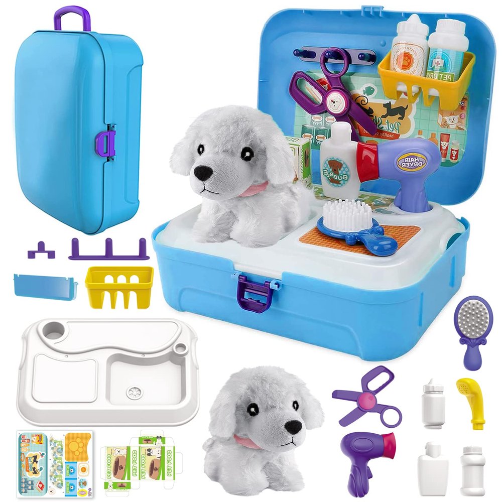 TEUVO Pet Care Playset, 16Pcs Kids Doctor Kit with Plush Dog & Backpack for Dog Grooming & Feeding, Pet Doctor Pretend Play Toys for 3 4 5 6 7 Years Old Girls Boys Birthday