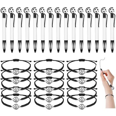 Sabary 30 Pcs Sport Theme Party Favors Set, 15 Pcs Soccer Pens 15 Pcs Soccer Theme Bracelets Ballpoint Pens Adjustable Bracelet Sport Party Gifts for Kids Teens Team Members (Black)