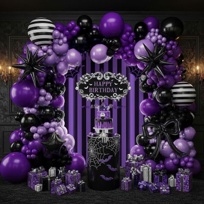 Purple Black Balloon Arch Garland Kit with Bow Star Mylar balloons and Gothic Birthday Backdrop Black white striped balloons for Gothic Girl TV Drama Decorations Spooky Halloween Party kpop Supplies