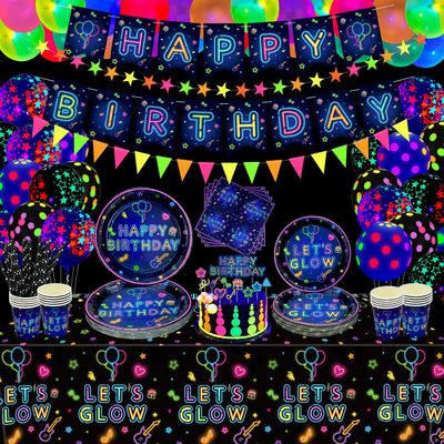 238 PCS Let's Glow Neon Party Supplies - Glow Tableware Set, Balloon Banner, Cake Toppers & Tablecloth for Blacklight Party Decoration (Serves 20)