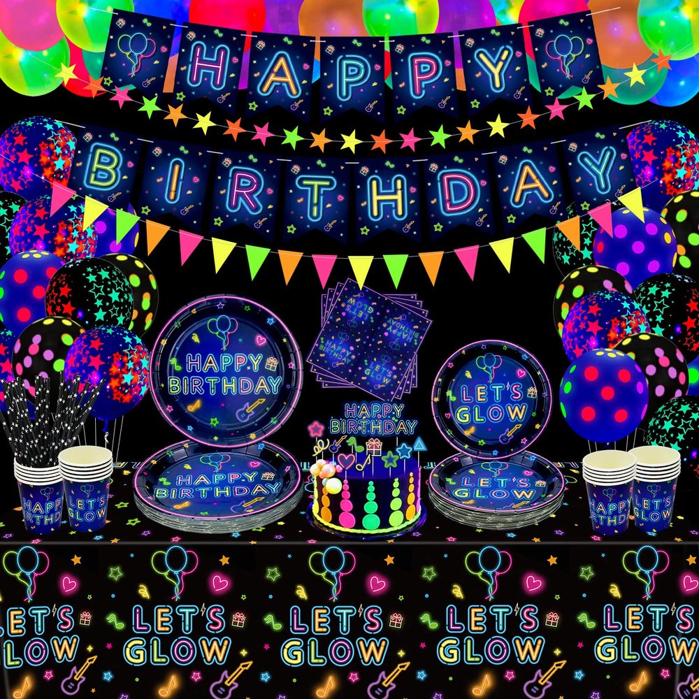 238 PCS Let's Glow Neon Party Supplies - Glow Tableware Set, Balloon Banner, Cake Toppers & Tablecloth for Blacklight Party Decoration (Serves 20)