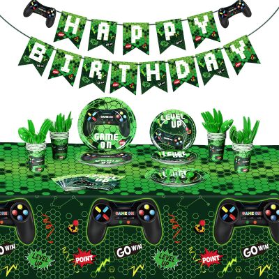Tiamon 172 Pcs Video Game Party Decoration Set Happy Birthday Banner Gamer Supplies Plastic Tablecloth Paper Plates Tableware for Player Birthday Pack, Serving 24 Guests (Green)