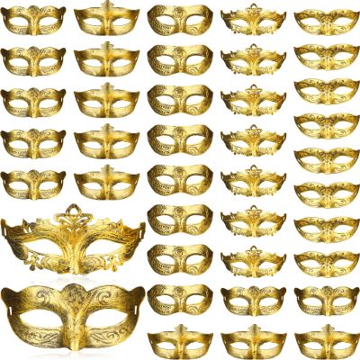 Yunsailing 40 Pcs Masquerade Mask Bulk Vintage Mardi Gras Masks Antique for Venetian Ball Carnival Cosplay Performance Prop(Gold)