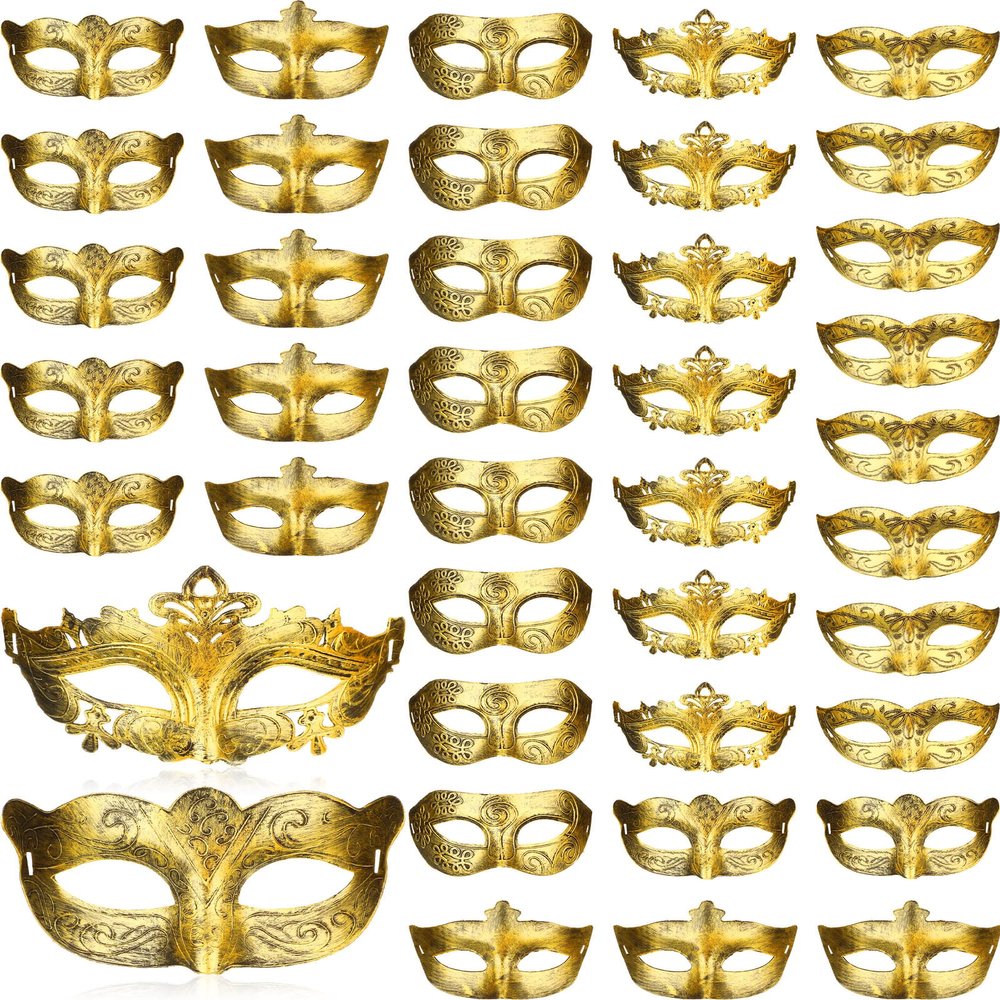 Yunsailing 40 Pcs Masquerade Mask Bulk Vintage Mardi Gras Masks Antique for Venetian Ball Carnival Cosplay Performance Prop(Gold)