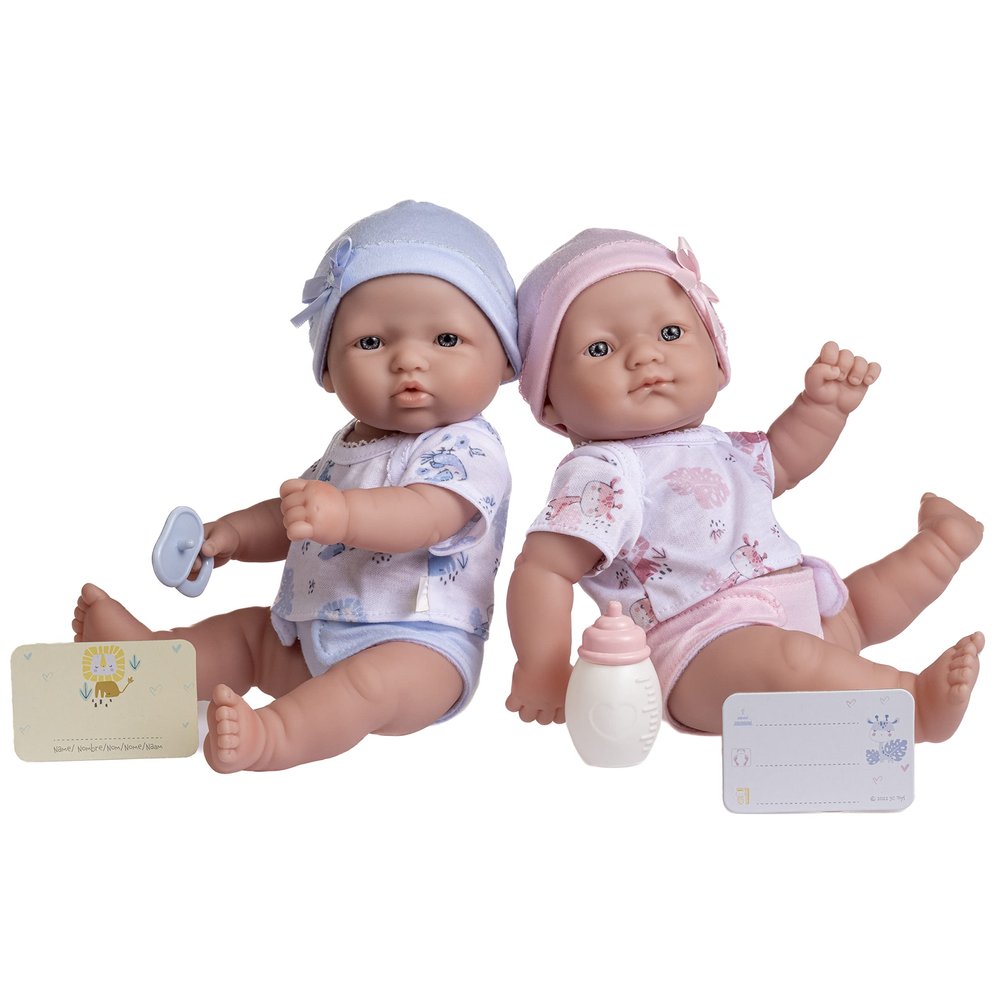 Berenguer Boutique Realistic La Newborn 12.5" Washable Vinyl Twins | Blue and Pink Themed Gift Set with Reusable Diaper, Caps, Shirts, Pacifier, Bottles and Birth Certificate - JC Toys