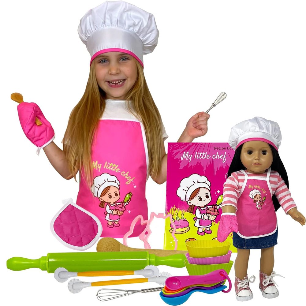 Kids Baking Set with Apron, My Lil Chef Hat for Dress Up, Oven Mitt, Kids Easy Bake Recipe Book, & Cooking Toys, | Mini 18 Inch Doll Apron Set Included | Girls Baker Outfit & Kitchen Toys for 3+