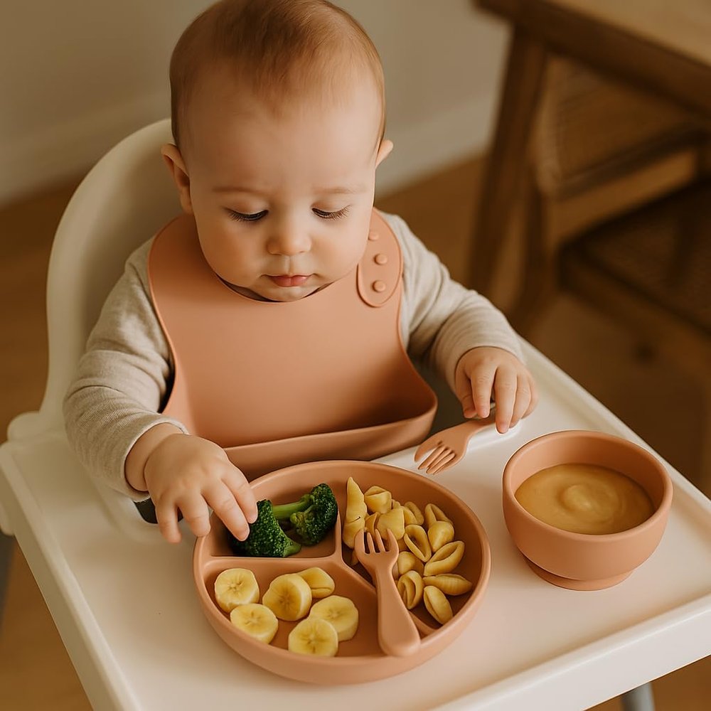 100% Silicone Baby Feeding Set  Round Suction Divided Plate with Lid, Full Silicone Spoon & Fork, Strong Suction Bowl & Baby Bib for Toddler Dining  6-Piece Set