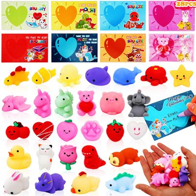 28 Pack Valentines Day Cards with Mochi Squishy Fidget Toys for Kids, Cute Kawaii Squishies Classroom Valentine Exchange Set, School Party Favors, Stress Relief Fidget Toy