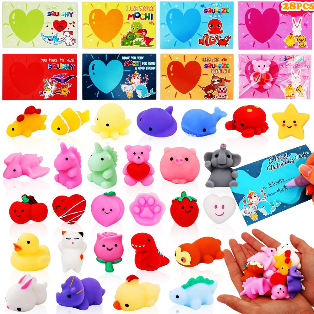 28 Pack Valentines Day Cards with Mochi Squishy Fidget Toys for Kids, Cute Kawaii Squishies Classroom Valentine Exchange Set, School Party Favors, Stress Relief Fidget Toy