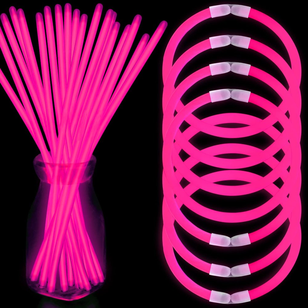 NUDALA 100 Pcs Pink Glow Sticks Bracelet Necklaces Bulk 8 Light Up Stick Pack with Connectors for Valentine's Day Easter Halloween Christmas Birthday Party Carnival