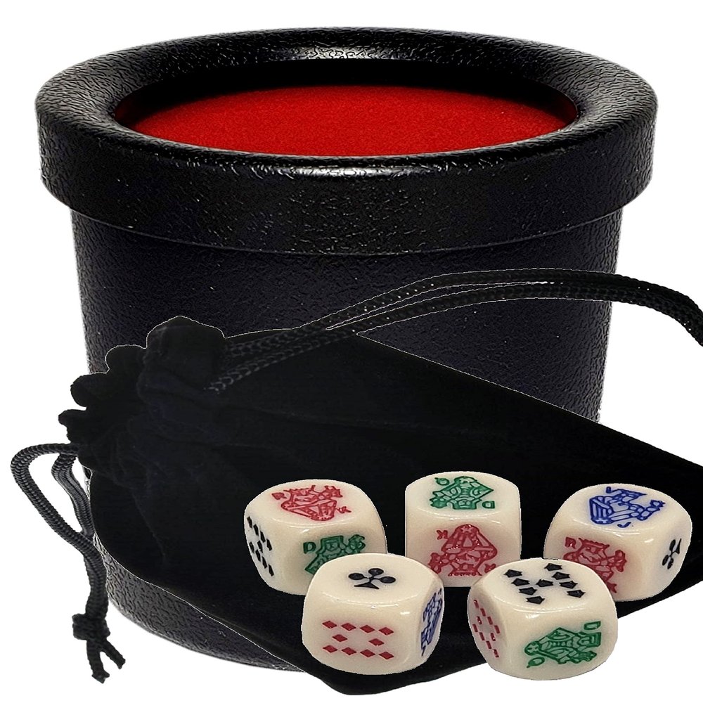 16mm Rounded Corners Poker Dice with Storage Pouch, Plus Dice Cup Bundle (Cyber-Deals)