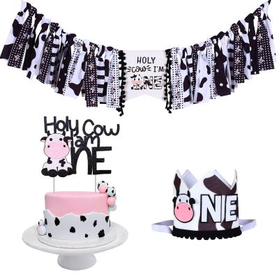 JOYMEMO 1st Birthday Decorations Boy Girl - Holy Cow Im One High Chair Banner Cake Topper with Crown, Farm Animal Cow Print Birthday Party Supplies
