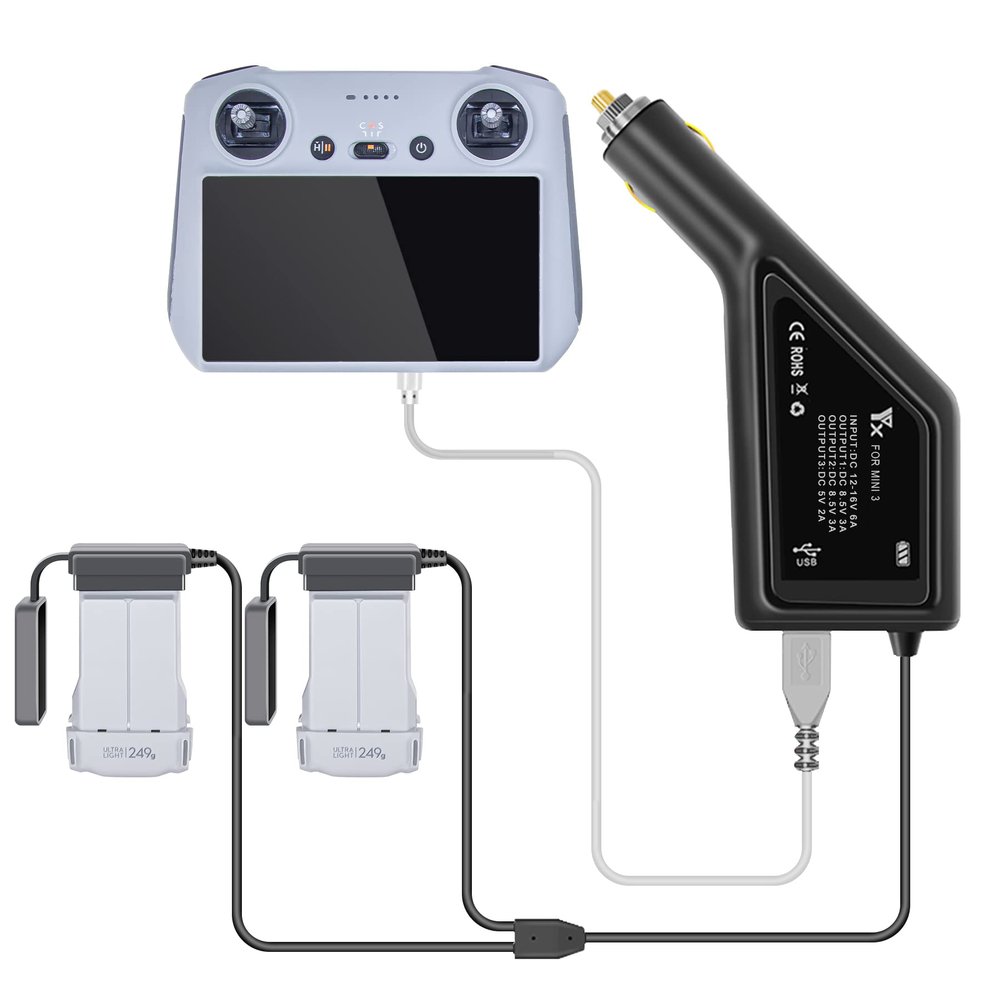 Hanatora Battery Car Charger for DJI Mini 4/3 Pro,Mini 3 Drone, 3 in 1(USB + 2 x Battery) 12v Rapid Charging Hub Accessories