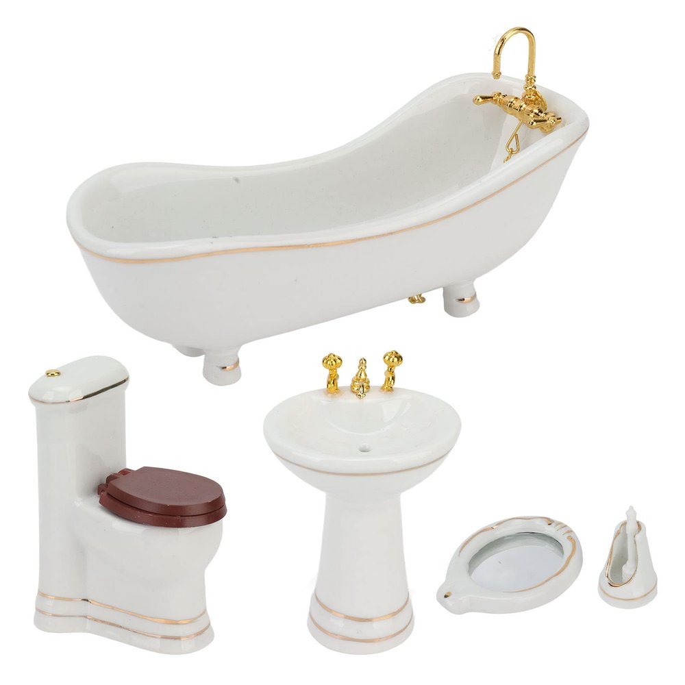 Oreb 1:12 Dollhouse Bathroom Set, White Retro Ceramic Miniature Furniture Toys, Bathtub Toilet Basin Mirror Brush Set
