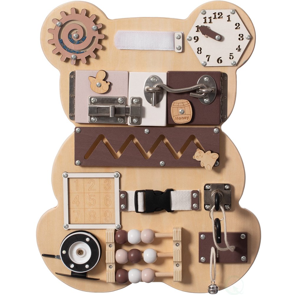 Wooden Sensory Bear Shaped Learning Toddler Busy Board for Playroom, Nursery, Preschool, and Doctors' Office, Brown