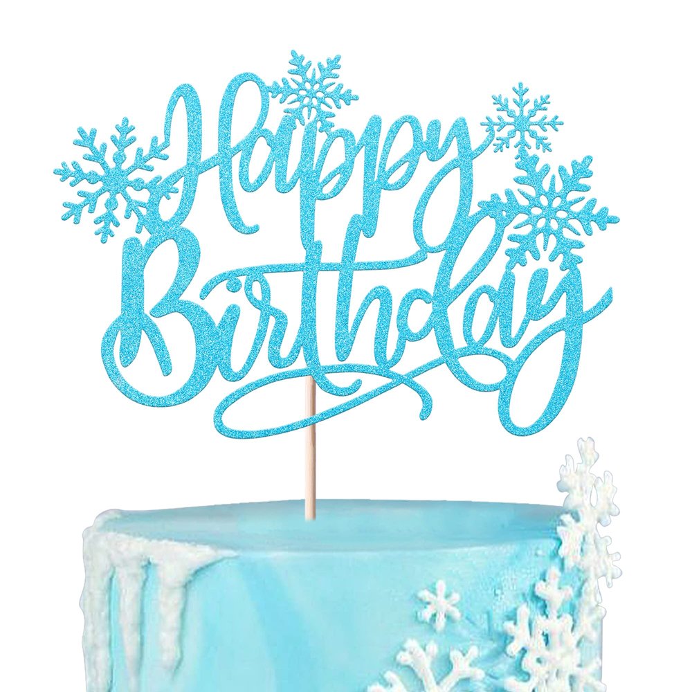 1 Pack Snowflake Happy Birthday Cake Topper Glitter Winter Wonderland Cake Pick Winter Frozen Theme Cake Decorations Birthday Frozen Theme Party Christmas Baby Shower Wedding Decoration Light Blue
