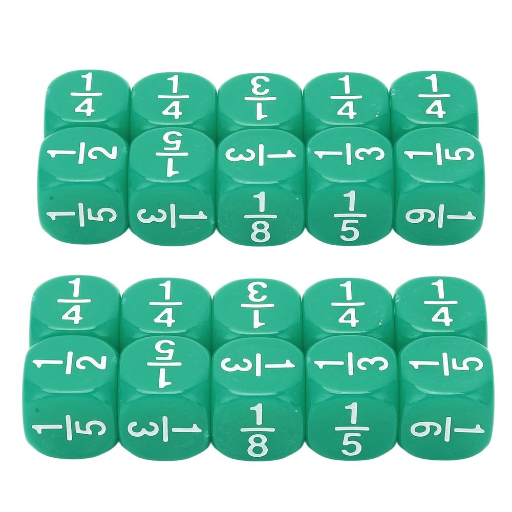 Fraction Dice, 20Pcs Multi Faceted Math Fraction Dices Fraction Dice Class Set Table Game Accessories for Kids Math Practice (Green)