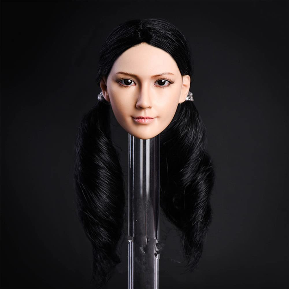 1/6 Scale Female Head Sculpt,Asian Girl Suntan Skin Planted Hair Head Carved for 12inch PH TBL JO Action Figure Body (Black Hair)
