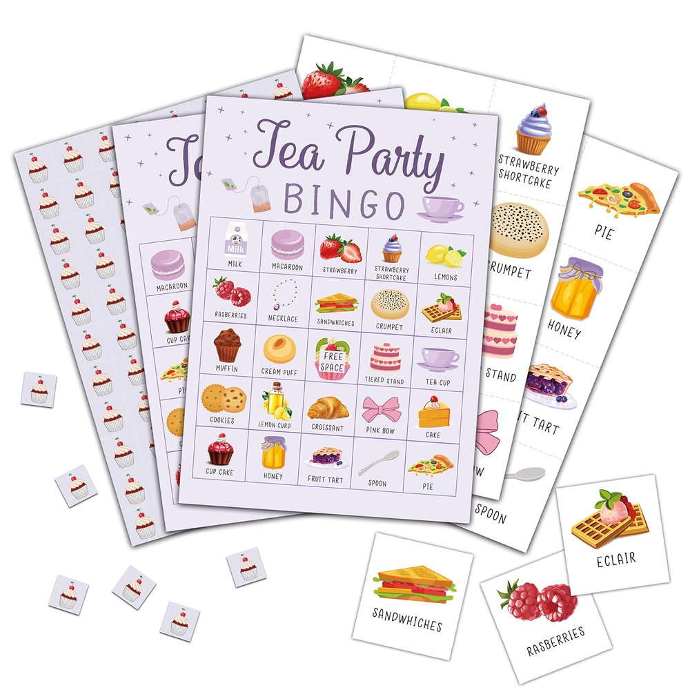 Foosproea Tea Party Bingo Cards, Lets Par-Tea Game for 24 Players, Garden Tea Party Games for Family Friends Activities, Holiday Party Favors Supplies Decorations(05)