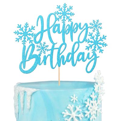1 Pack Snowflake Happy Birthday Cake Topper Glitter Winter Wonderland Cake Pick Winter Frozen Cake Decorations Birthday Frozen Theme Party Christmas Baby Shower Wedding Decoration Supplies Light Blue