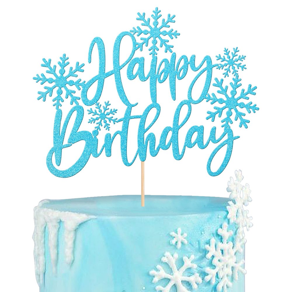 1 Pack Snowflake Happy Birthday Cake Topper Glitter Winter Wonderland Cake Pick Winter Frozen Cake Decorations Birthday Frozen Theme Party Christmas Baby Shower Wedding Decoration Supplies Light Blue