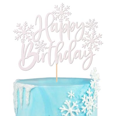 1 Pack Snowflake Happy Birthday Cake Topper Glitter Winter Wonderland Cake Pick Winter Frozen Cake Decorations Birthday Frozen Theme Party Christmas Baby Shower Wedding Decoration Supplies White