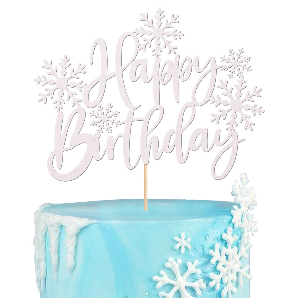 1 Pack Snowflake Happy Birthday Cake Topper Glitter Winter Wonderland Cake Pick Winter Frozen Cake Decorations Birthday Frozen Theme Party Christmas Baby Shower Wedding Decoration Supplies White