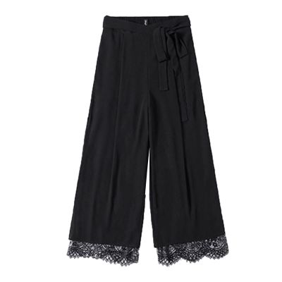 Women's Black Wide Leg Chiffon Pant Side Slit Lace Straight Leg Dress Pants Solid High Waist Slim Flare Trousers (Black,Medium)